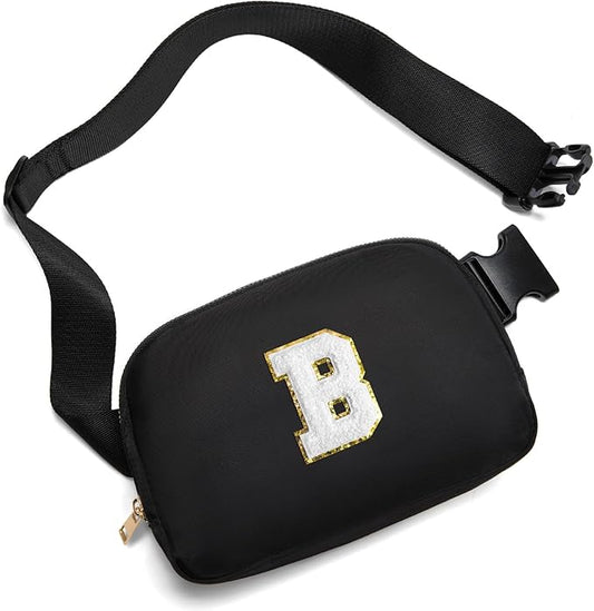 Gitus Birthday Gifts for 8 9 10 11 12 13 Year Old Girls Personalized Fanny Pack Crossbody Bags with Initial Letter Patch Belt Bag for Teen Girls Cute Trendy Stuff Travel Essentials (Black-B)