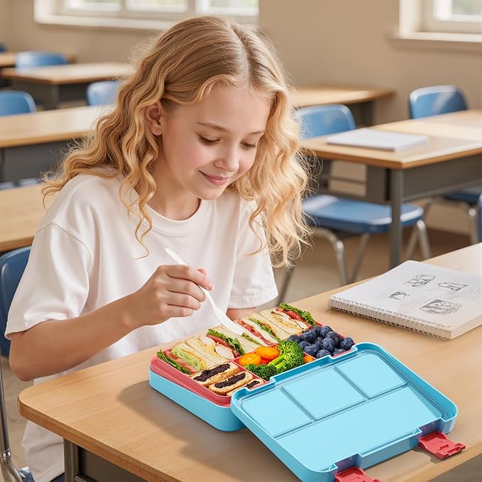 Bento Lunch Box for Kids, 4 Compartments Kids Leak Proof Back to School Bento Lunch Boxes Food Containers for School, Travel, On-the-Go Meal, Food Grade, Microwave, Dishwasher Safe