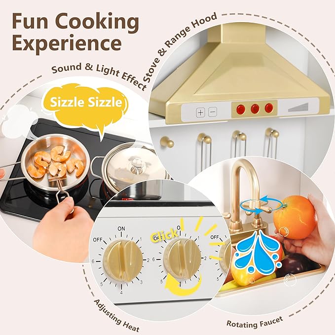 Kinder King Wooden Kids Play Kitchen, Toy Kitchen Playset for Toddler, Play Kitchen Set w/Real Sounds, Pretend Coffee Machine, Kitchen Hood, Sink, Ice Maker, Gift for Boys Girls Age 3+, White