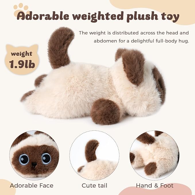 1.9lbs Weighted Stuffed Animals Siamese Cat - Siamese Cat Plush Toy, Cute cat Stuffed Animal Cuddle Plushies Gift for Kids & Adults