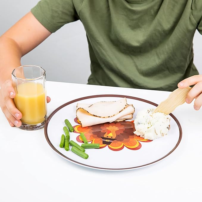 Tiny Expressions - Thanksgiving Plates for Kids - Set of 4 Melamine Thanksgiving Plates with Cute Turkey Designs for Children - Perfect for Holiday Meals and Celebrations