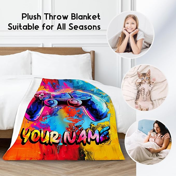 Personalized Gamer Blanket Boys Blankets Gifts for Teens/Men - Cool Soft Cozy Gaming Throw for Bed - 4 Sizes