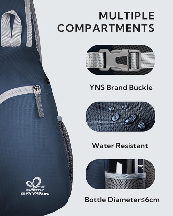 WATERFLY Crossbody Sling Bag Small Water Resistant Backpack Lightweight Shoulder Chest Daypack for Men Women Hiking Travel