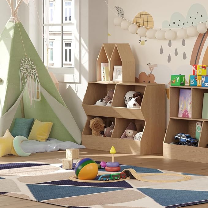 DINZI LVJ Kids Bookshelf, Toy Storage Organizer, Wooden Toy Cabinet, 4 Cubby Children Bookcase, 35.4" L Toddler Book Shelf for Living Room, Playroom, Nursery, Hallway, School, Natural