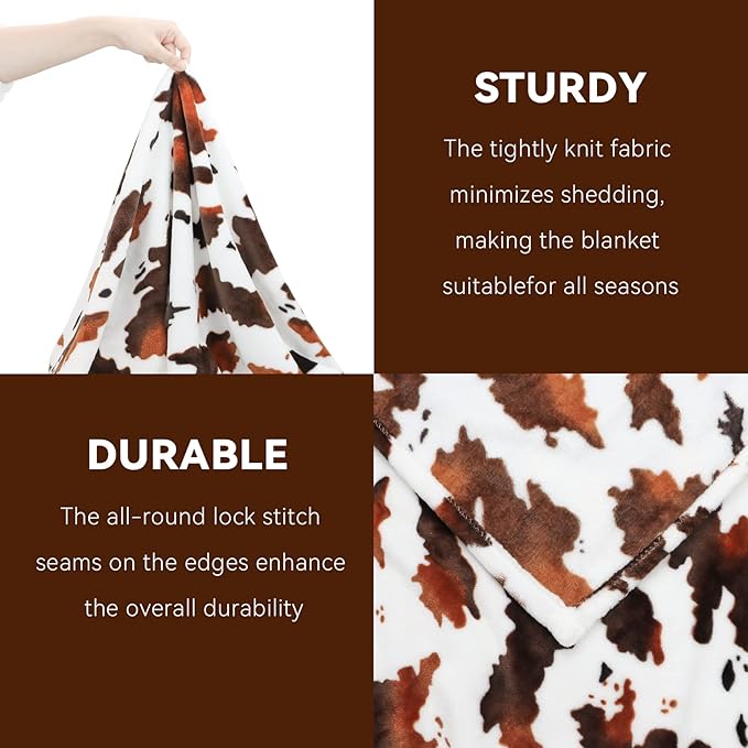 GEULAY Cow Print Fleece Blanket - Brown White Plush Throw, Lightweight Bed Couch Decor, Cute Cow Gifts for Women, Girls, Teens 50"x60"