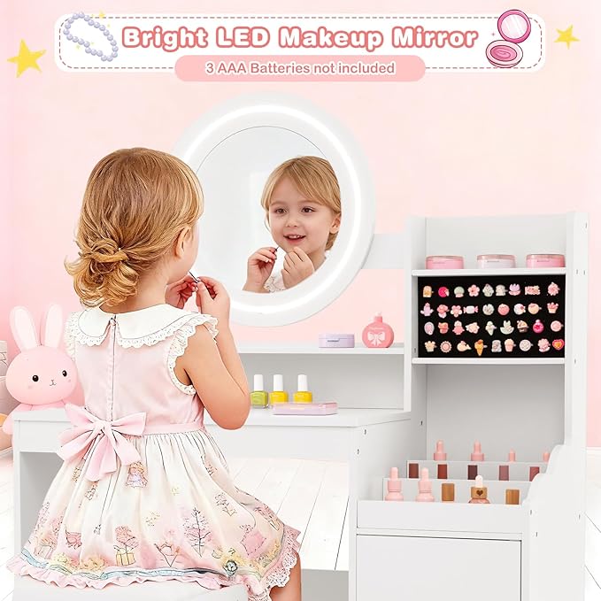 INFANS Kids Vanity with Lights, Princess Makeup Desk with Mirror Storage Shelves, Toddler Table and Chair Set Pretend Play for Girls Aged 4-9 (White)