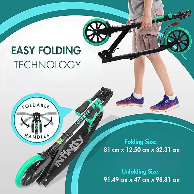 SereneLife Kick Scooter Adult Teenagers Kids- 2 Wheel Kids Scooter with Adjustable T-Bar Handlebar - Alloy Anti-Slip Deck - Portable Folding Scooters for Kids with Carrying Strap