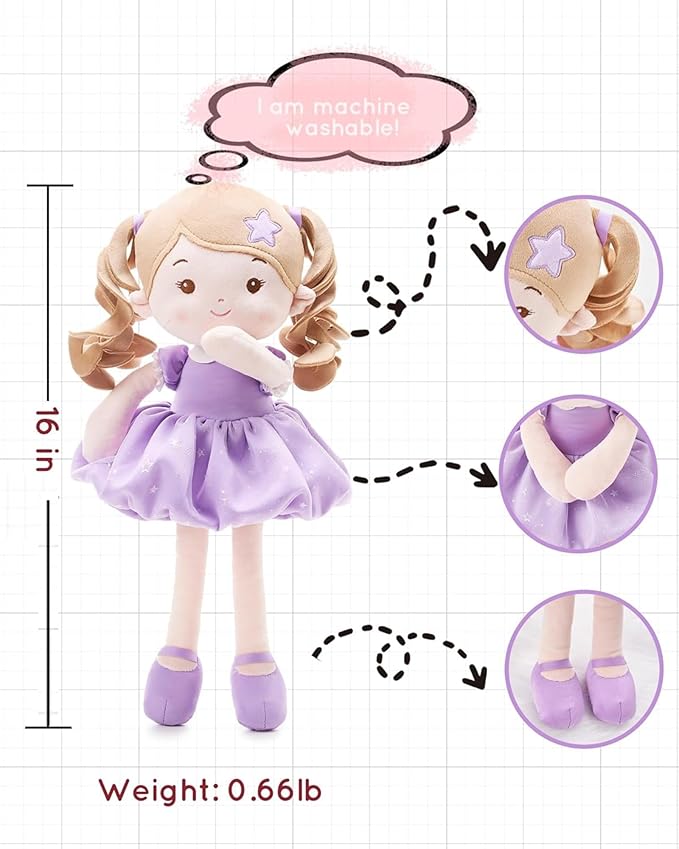 LeyaDoll Soft Baby Doll Toys (16''), My First Baby Rag Doll for 1 Year-Old Girl Birthday Gift, Christmas Plush Toys Gift for Toddler Kids Infants -Starlet Purple