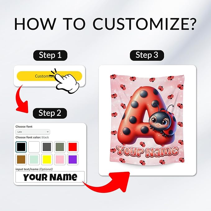 Custom Blanket with Name - Kids Blankets with Ladybug for Girls Boys - Personalized Monogram Gifts for Daughter Son - Fuzzy Plush Flannel Throws - 4 Sizes for Toddler/Children/Teens/Adults