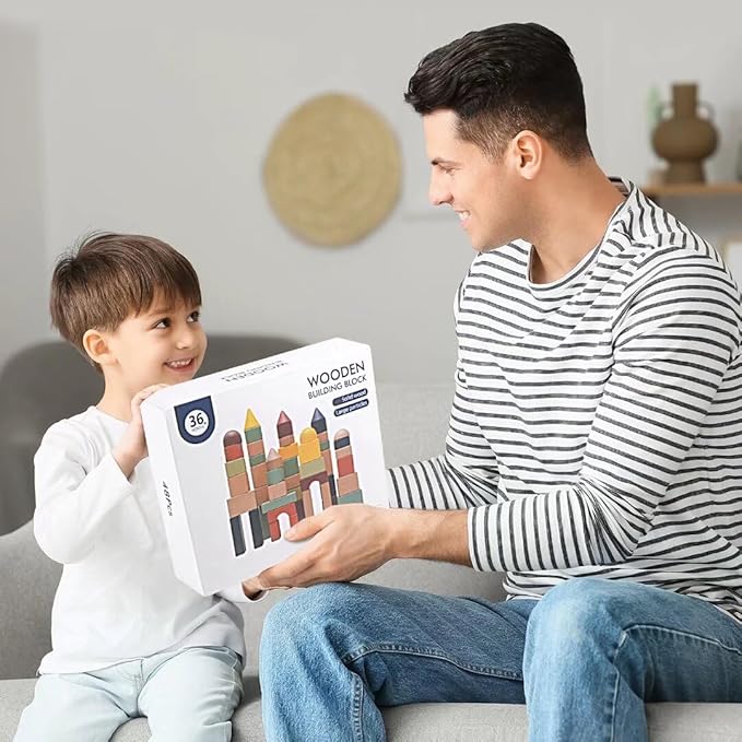 Migargle Large Wooden Building Blocks for Toddlers - Educational Preschool Learning Toys with Storage Bag, Innovative Shapes & Variety Colors to Build More Combinations （48Pcs）