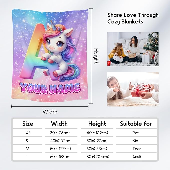 Unicorn Blanket - Personalized Girls Blanket with Name for Kids - Custom Monogram Gifts for Daughter - Plush Soft Fleece Throws - 4 Sizes for Toddler/Children/Teens/Adults