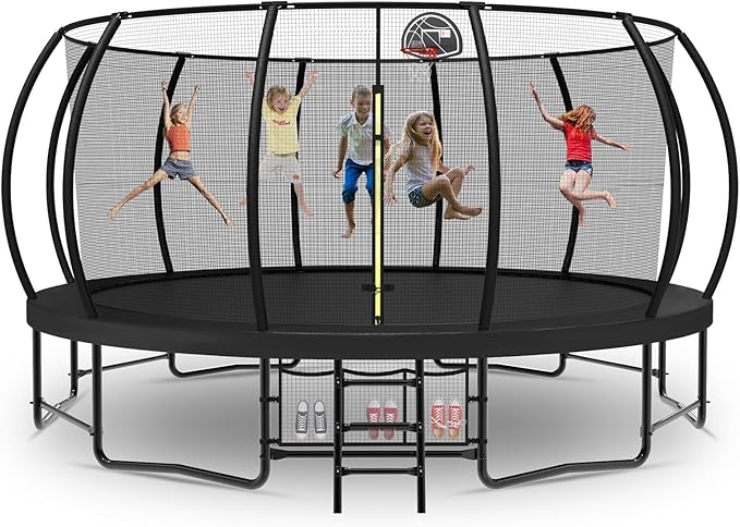 Tatub Large Trampolines Outdoor 10 12 14 15 16FT for Kids and Adults,Outdoor Recreational Pumpkin Trampolines with Curved Poles and Safety Enclosure Net, Basketball Hoop, Ladder