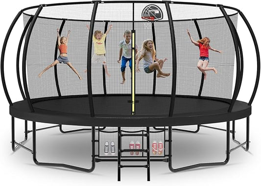 Tatub Large Trampolines Outdoor 10 12 14 15 16FT for Kids and Adults,Outdoor Recreational Pumpkin Trampolines with Curved Poles and Safety Enclosure Net, Basketball Hoop, Ladder