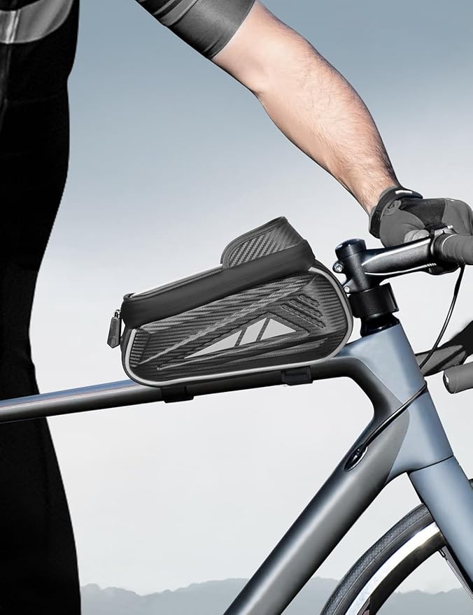 Bike Phone Holder Bag, EVA Waterproof Bicycle Front Frame Bag, Bike Accessories Cycling Pouch with Sensitive TPU Touch-Screen, Bicycle Phone Mount with Rain Cover for Phone under 6.5"(Sliver,6.5 inch)