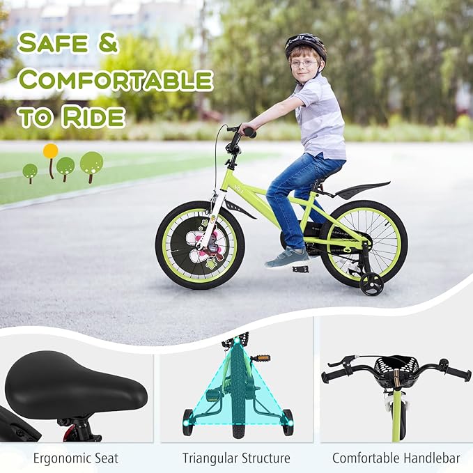 BABY JOY Rabbit Pilot Sporty Kids Bike, 12 14 16 18 Inch Child Bike for 3-8 Years Old with Adjustable Height, Training Wheels, Storage Basket, Handbrake & Coaster Brake, Kids Bicycle for Girls Boys
