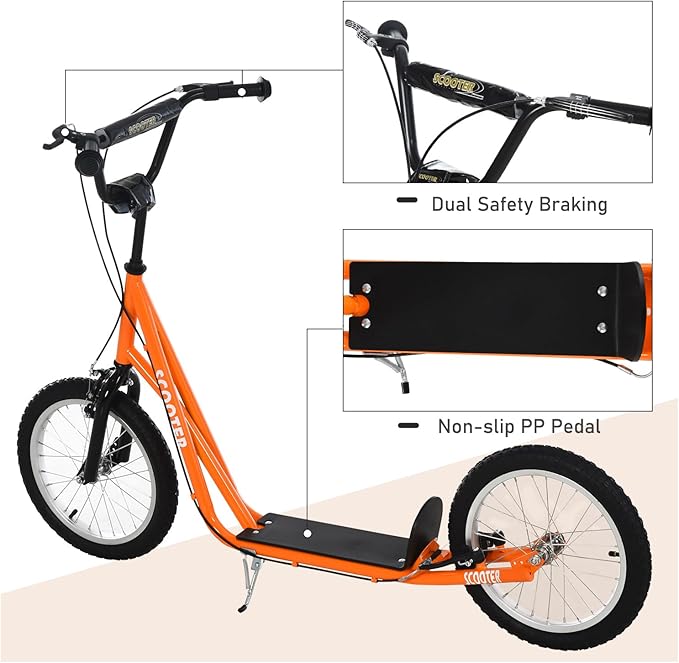 Aosom Youth Scooter Kick Scooter for Kids 5+, Max Load 220 LBS., with Adjustable Handlebar, 16" Inflatable Wheels, Dual Brakes