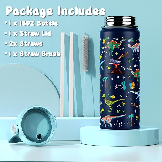 18oz Kids Insulated Water Bottle with Straw Lid - 18/8 Stainless Steel Kid Cup BPA-FREE Travel Tumbler Double Wall Vacuum Leak Proof Portable Toddler Water Bottle (Dinosaur)
