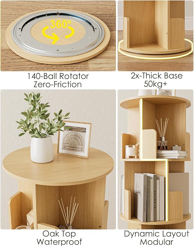 Masupu Rotating Bookshelf, Tall 4 Tier Rotating Spinning Bookshelf Tower, 360 Spinning Floor Standing Bookcase Storage Rack, Conner Rotating Book Shelf for Kids Rooms, Bedroom, Living Room