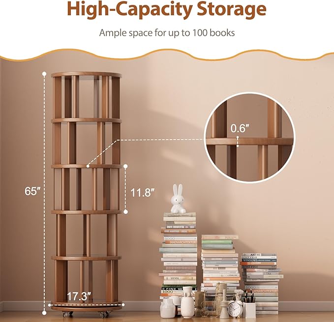 Solid Wood Rotating Bookshelf on Wheels, 5 Tier, Round Revolving Bookcase, 360° Spinning Book Shelf Tower for Kids, Narrow Rolling Bookshelves for Small Space, Corner, Bedroom, Office, Walnut