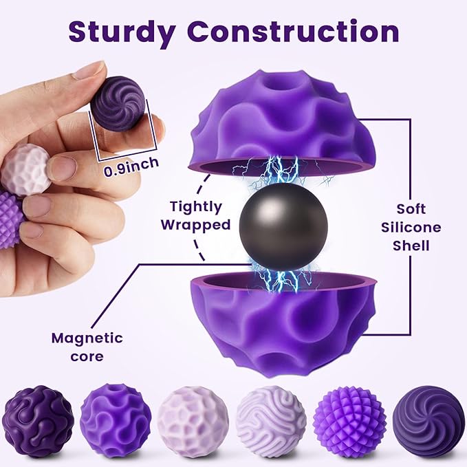 LovesTown 6PCS Silicone Magnetic Fidget Balls, Sensory Toys Stress Balls for Adults Teens Quiet Desk Toys with Texture for Office School Birthday Fun Gift (Purple)