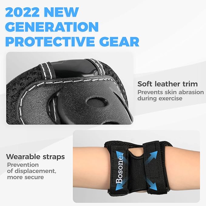 BOSONER Knee Pads for Kids Roller-Skating: Adjustable Protective Gear Set Knee Elbow Pads Wrist Guards for Bike Cycling Skateboarding Scooter Gifts 3-8/9-15 Years Boys Girls