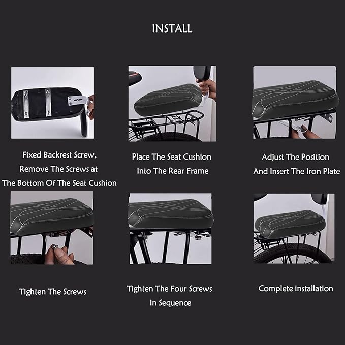 Bicycle Rear Seat with Back,Pu Leather Soft Cushion Bicycle Passenger Seat,Rear Bike Seat Kids Including Cushion and Backrest, Armrest, Footrests (Black)