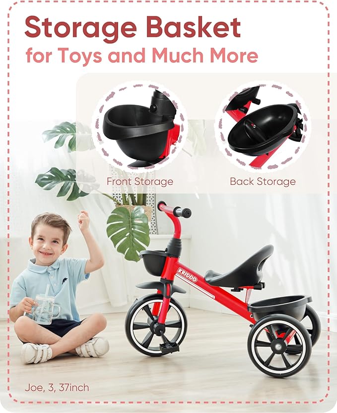 KRIDDO Kids Tricycles Age 24 Month to 4 Years, Trike for 2.5 to 5 Year Old, Gift Tricycles for 2-4 Year Olds, Trikes for Toddlers, Red