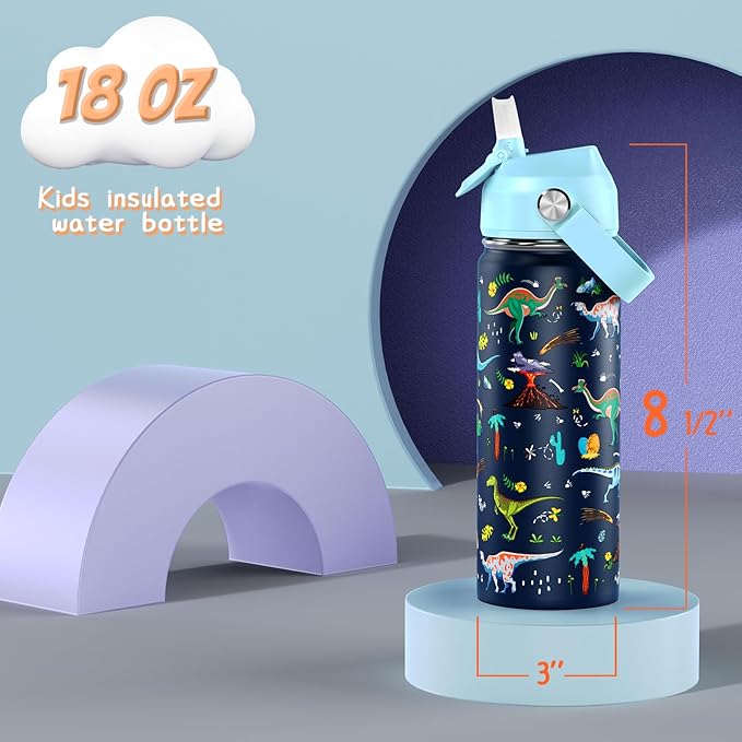 18oz Kids Insulated Water Bottle with Straw Lid - 18/8 Stainless Steel Kid Cup BPA-FREE Travel Tumbler Double Wall Vacuum Leak Proof Portable Toddler Water Bottle (Dinosaur)