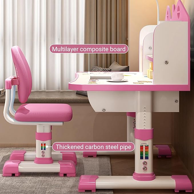 Kids Adjustable Study Desk & Chair Set w/ Storage,Drawers,Bookshelf,Child Toddler Writing Homework Table,Little Girl Work Computer Desk,Princess Preschool Table,Escritorio Mesas Para Niña (Pink B)
