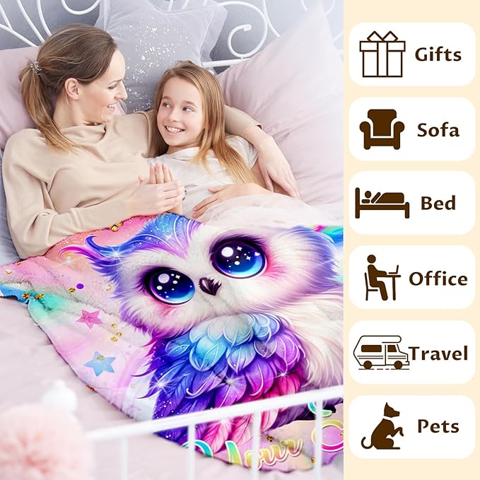 Personalized Blanket for Girls, Custom Throw Blanket Gift for Kids Teens, Owl Stuff for Animals Lovers, 80"x60" Flannel Blankets for Couch Sofa Bed