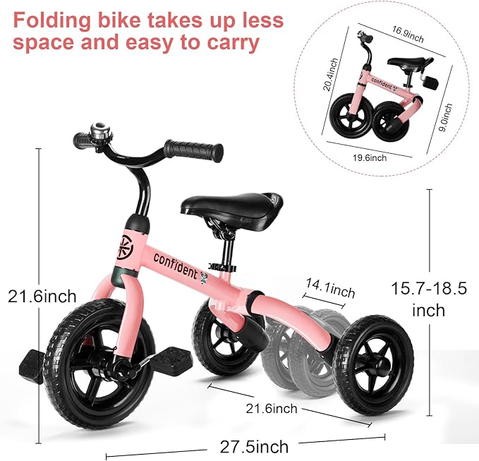 XPIY Tricycle for Toddlers Age 2 to 4 Years Old, 3 in 1 Folding Toddler Bike for Boys and Girls, Kids' Bike Trike with Detachable Pedal and Adjustable Seat Light Pink