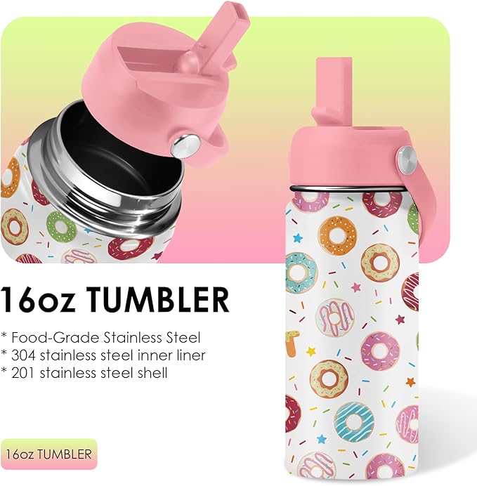 Donut Lover Gifts for Kids - 16oz Insulated Stainless Steel Water Bottle with Straw Lid, Leakproof BPA-Free Tumbler for School, Travel - Cute Donut Design Kids Cup for Boys & Girls (1pc)