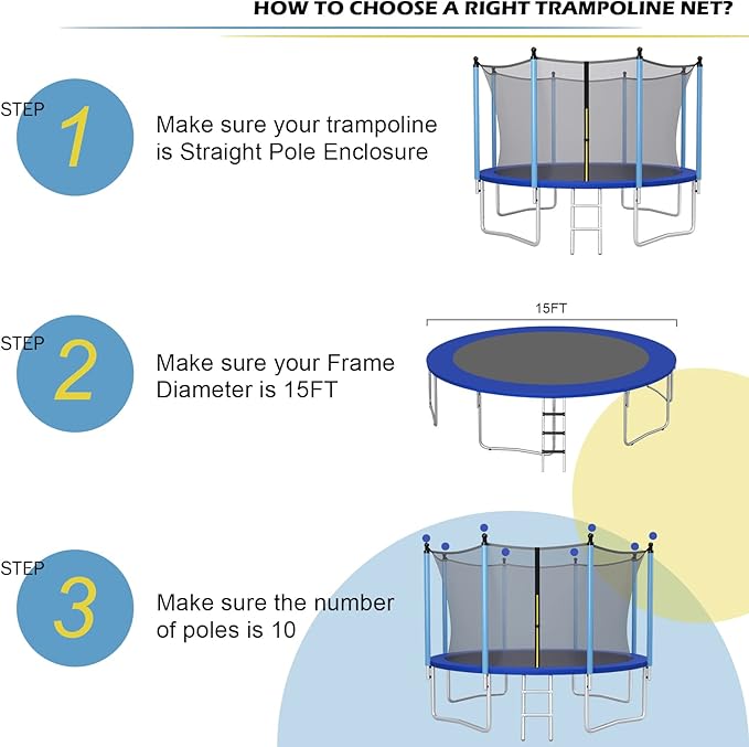 Giantex Trampoline Safety Net w/Adjustable Straps, 8 10 12 14 15 16Ft Weather-Resistant Replacement Enclosure Net with Double-Headed Zipper, Protection Buckle, Poles Not Included