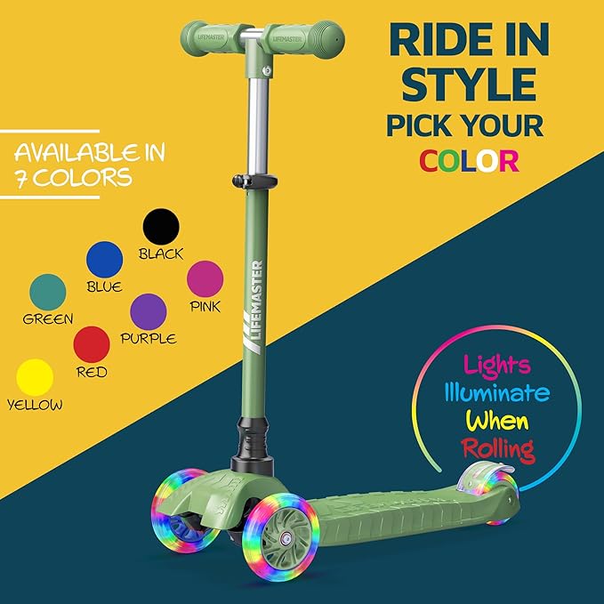 Lifemaster Mini 3-Wheel Kids Scooter with Multi-Color Wheel Lights – 4-Height Adjustable Handlebar, Wide Anti-Slip Deck, Child Safety Certified, Boys & Girls Ages 2+ Supports Up to 110 lbs