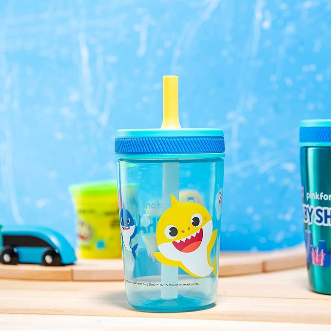 Zak Designs Baby Shark Kelso Tumbler Set, Leak-Proof Screw-On Lid with Straw, Bundle for Kids Includes Plastic and Stainless Steel Cups with Bonus Sipper (3pc Set, Non-BPA)