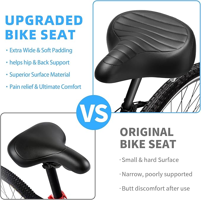 Wide Bike Seat for Men Women Comfort, Large Soft Padded Bicycle Seat Cushion, Oversized Comfortable Replacement Saddle for City & Mountain Bicycle, Beach Cruiser, Ebike, Scooter, Stationary Bike
