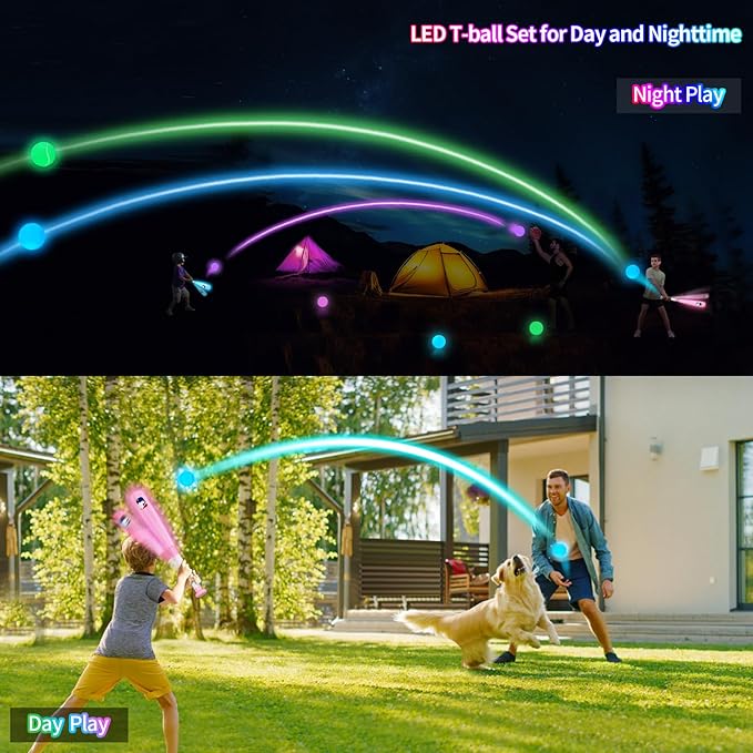 T Ball Set, Light Up LED Baseball Toys for Kids Toddlers 3-8, Glow in The Dark Tee Ball Set, Rechargeable Portable Toddler Outdoor Toys for Barkyard Camping, Gifts for Boys Girls (Pink)