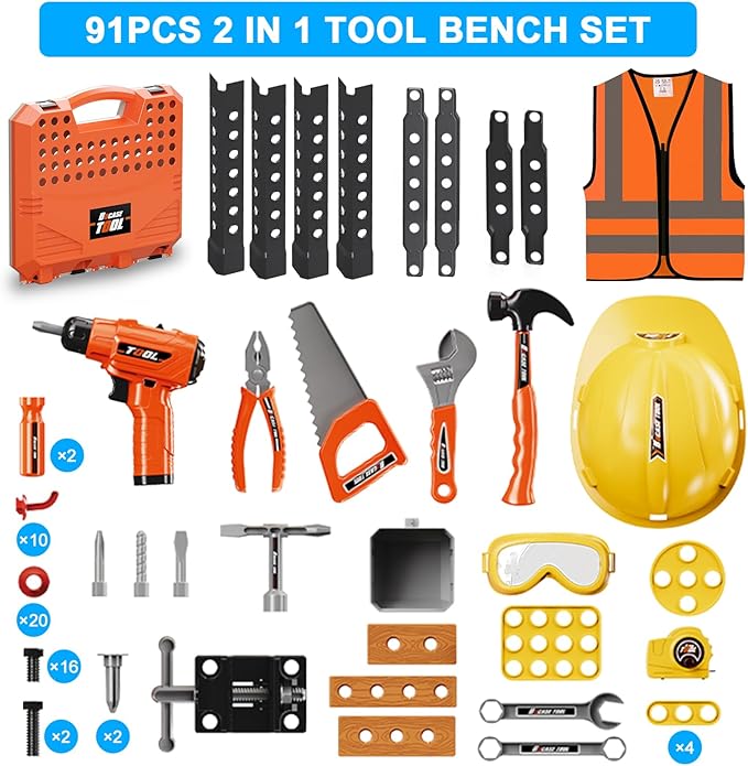 Kids Tool Bench -Toy Workbench with Electric Drill Toy Tool Accessories and Construction Vest 91pcs Toddler Tool Bench,Pretend Play Learning Toy Tool Bench for Kids Ages 3-5,4-8