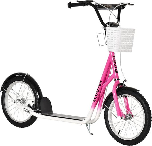 Aosom Youth Scooter, Kick Scooter with Adjustable Handlebars, Double Brakes, 16" Inflatable Rubber Tires, Basket, Cupholder