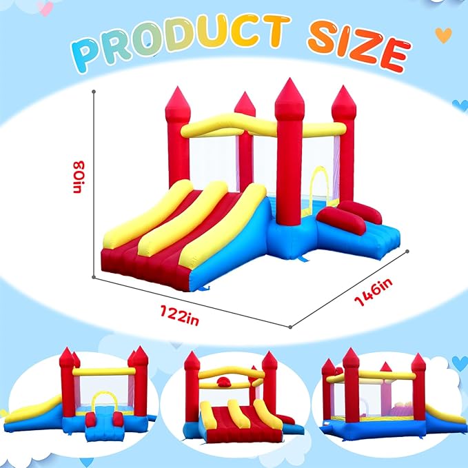 Dual Slide Bounce House, Inflatable Bouncy Castle with Blower, 5in1 Indoor Outdoor Children's Bouncer Jumper Playhouse w/Basketball Rim and Carry Bag, for Kids 3-12 (12‘D x 10’W x 6.7‘H)