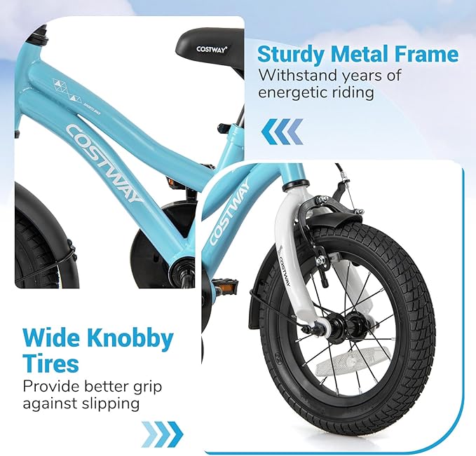 COSTWAY 12/14/16/18 Inch Kids Bike, Children Toddler Bicycle with Training Wheels, Adjustable Seat & Handlebar, Handbrake & Coaster Brake, Reflectors, Bell, Suitable for 3-8 Years Old Boys Girls