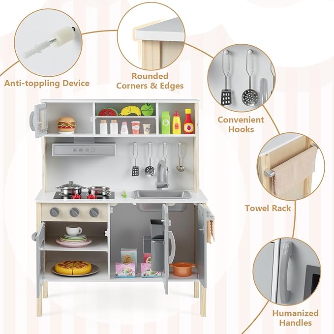 Costzon Kids Kitchen Playset, Wooden Pretend Toddler Kitchen Toy Set w/Sound, Microwave, Oven, Ice Maker, Range Hood, Stoves, Sink & 18 Accessories, Pink Play Kitchen for Girls Ages 3+