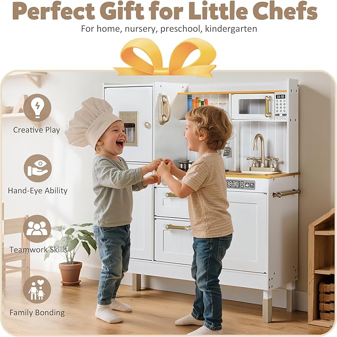Play Kitchen for Kids, Wooden Kids Kitchen Playset with Realistic Sounds, Children Pretend Toy Kitchen Playset w/Stove, Oven & Ice Maker, Little Chef Play Kitchen for Girls and Boys, White