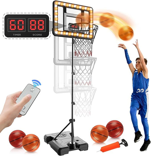 Kids Basketball Hoop Indoor Outdoor,Adjustable Height 2.9ft-5.9ft Toddler Basketball Hoop with LED Light & Scoreboard,Goal Toy for Boys Girls Age 3 4 5 6 7 8 Backyard Sports Game Gifts (Black)