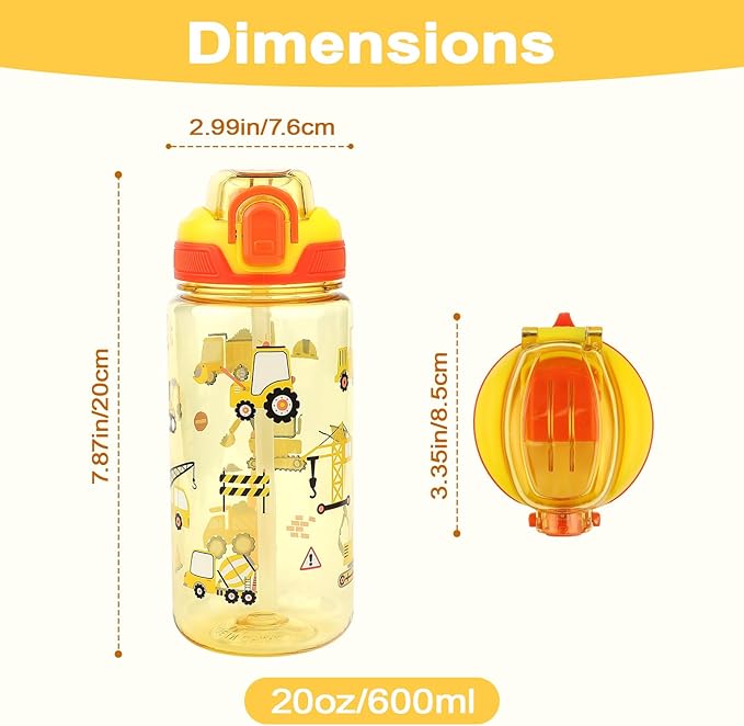Kids Water Bottle for School or Travel, 20 Oz 2 Pack Durable Plastic Water Bottle with Silicone Straw and Pop-Up Spout Cover, BPA Free & Dishwasher Safe(Excavator & Dinosaur)