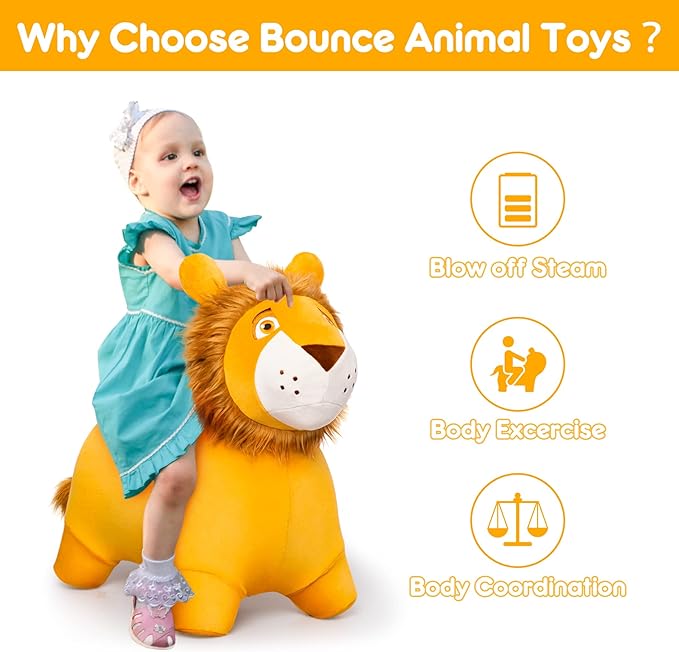 PlayZap Lion Bouncy Horse Hopper, Plush Bouncy Animals Hopper for Toddlers, Inflatable Jumping Ride on Bouncer, Kids Hopping Toys for 18M 2 3 Years Old Kids Boys Girls Gifts