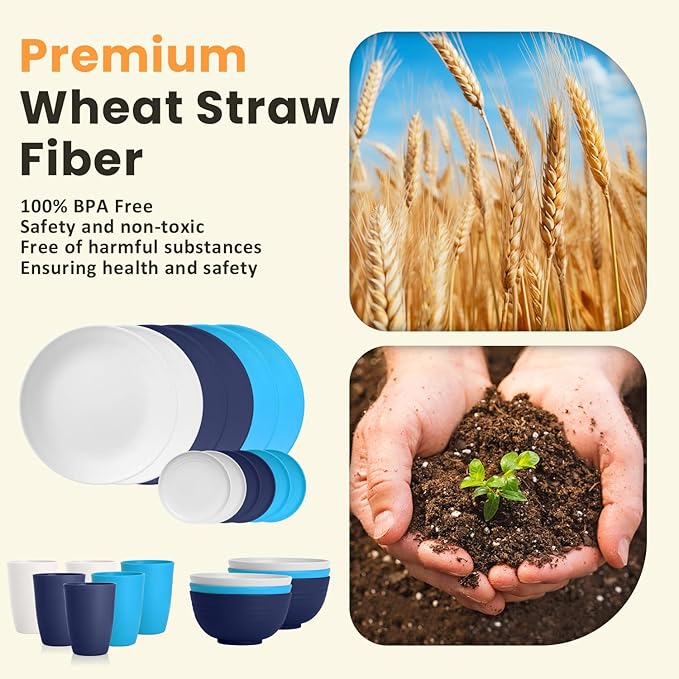 Homienly 24 PCS Wheat Straw Dinnerware Set for 6, Dinner Plates,Dessert Plates,Cereal Bowls,Drinking Cups,Unbreakable Dishwasher and Microwave Safe Dish Sets for Kitchen,Outdoor - Island Series