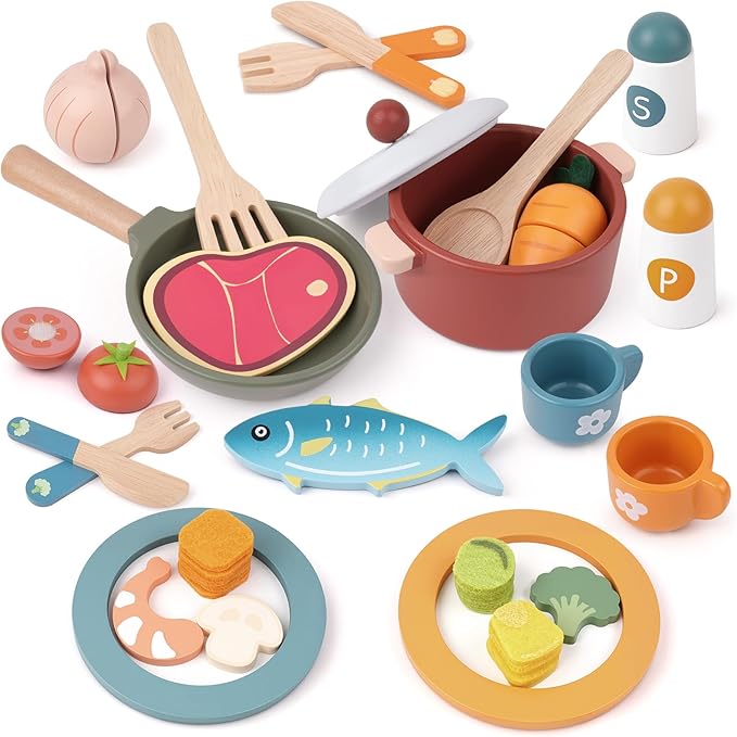 Wooden Play Kitchen Accessories - Pretend Play Food for Toddlers with Dishes Pots & Pans for 3 Year Old, Cutting Fruits Vegetables Toys Birthday Xmas Stocking Stuffers Gifts for Boys Girls 4 5 6