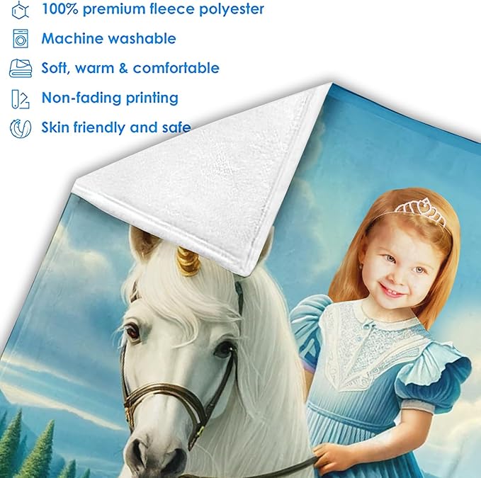 Zocoshi Personalized Princess Blanket - Kids Unicorn Design with Custom Face Photo, Monogrammed Gift for Baby Girl, Cozy Keepsake, Perfect Birthday Present