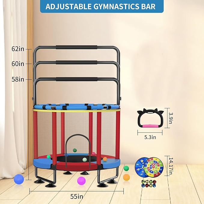 Trampoline for Kids, Upgrade Full Anti-Rust 440lbs Indoor Outdoor Toddler Trampoline with Net, 55" Adjustable Baby Toddler Trampolines Accessories with 8 Toys Dart Board